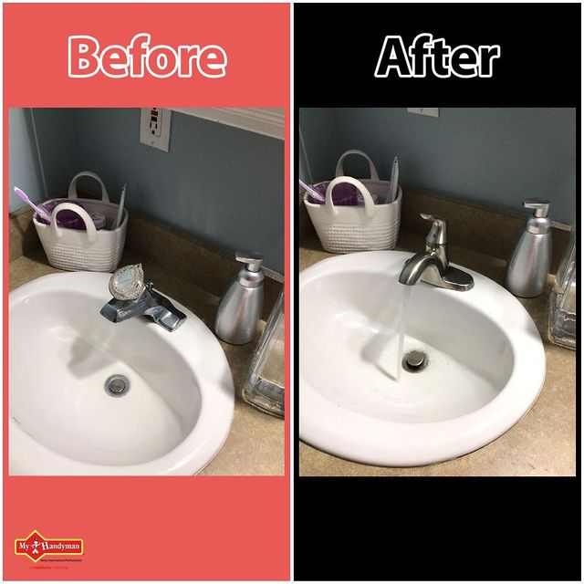 Before and After bathroom faucet replacement to new modern faucet