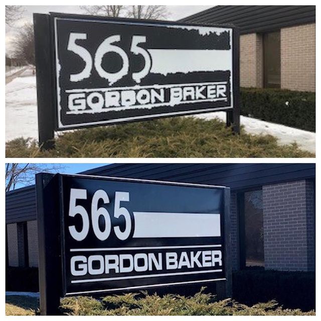 Before and after image of commercial sign that says "565 Gordon Baker"