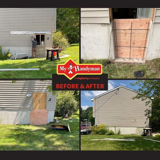 Before, during, and after window removal and grey siding install on the side of a house