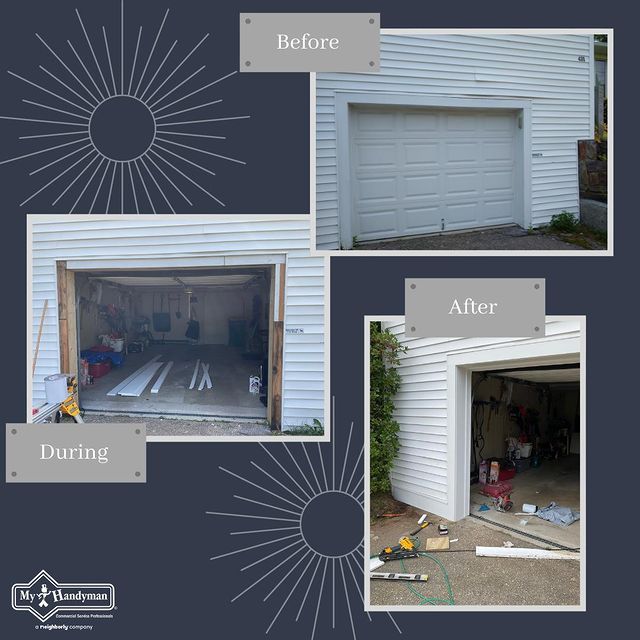 Before, during, and after garage door trim repairs with white trim on a white house