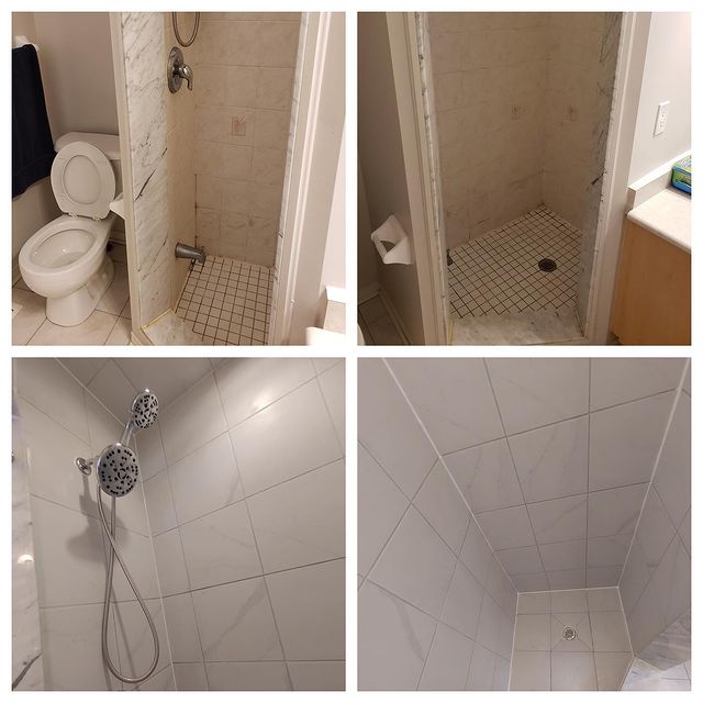 Before and after images of a shower renovation