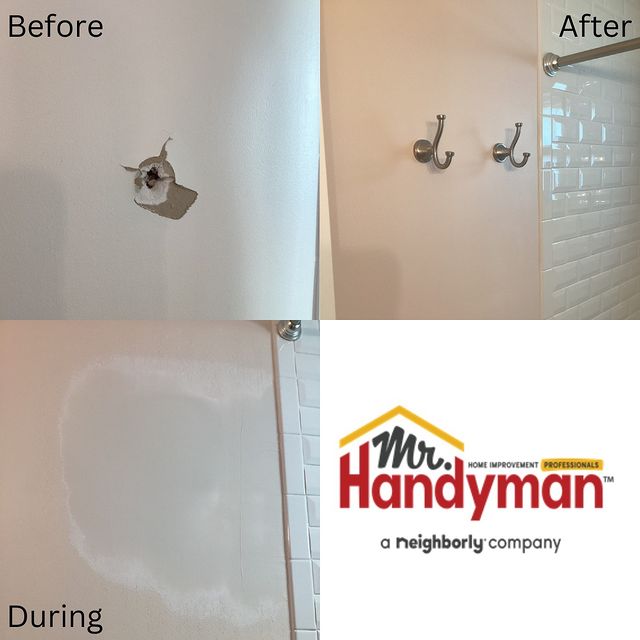 在浴室石膏板修复前，中，后。-一个最近完成的项目