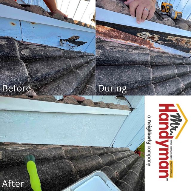 之前和之后的木材腐烂壁板更换旁边的部分屋顶。-一个最近完成的项目